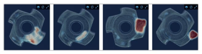 matroid platform showing a complete manufacturing part and an incomplete manufacturing part, close-up images of manufacturing anomalies, close-up image of a welding anomaly, close-up image of a spatter