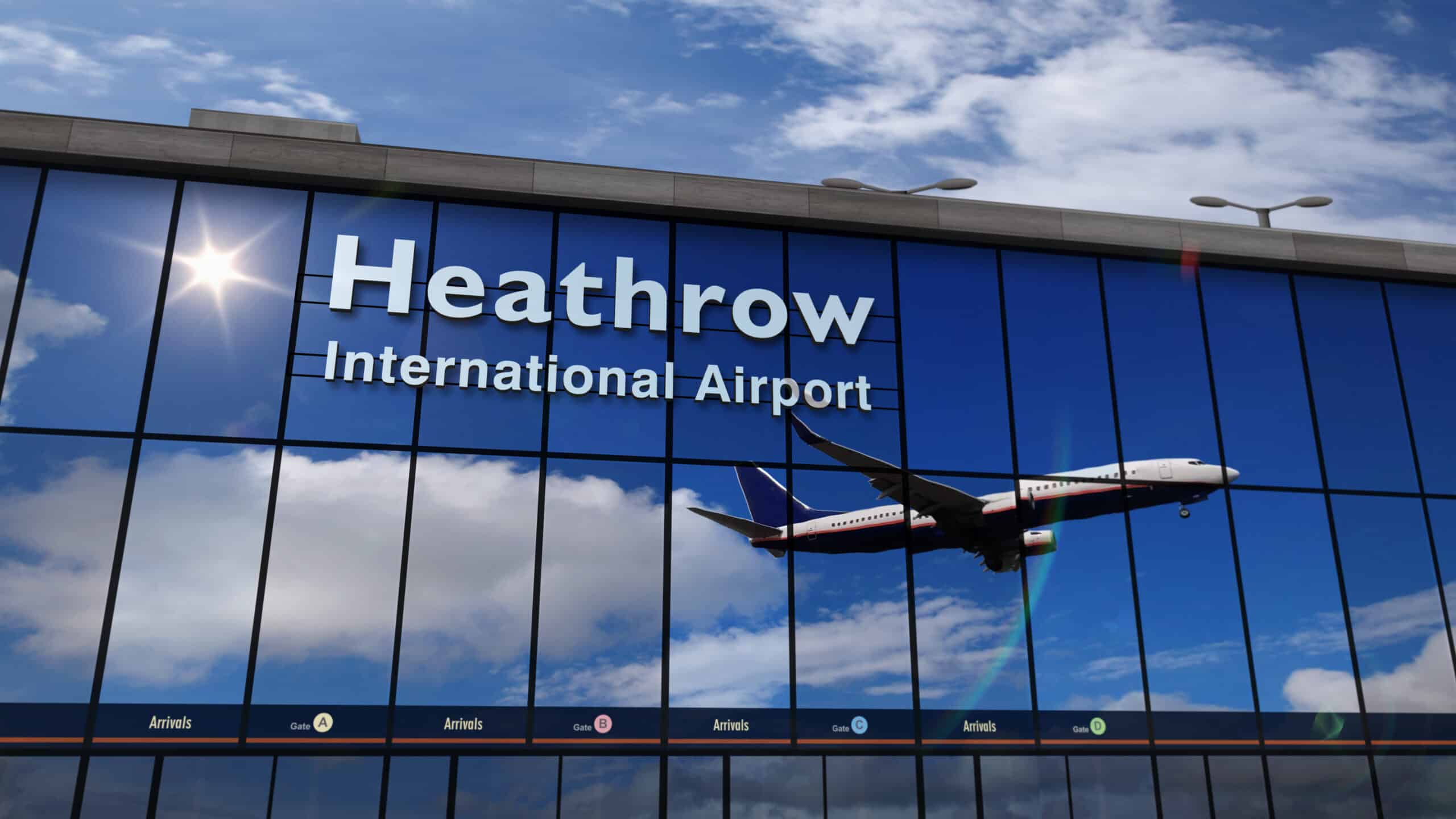 Jet aircraft landing at London, Heathrow, England, UK, GB, 3D rendering animation. Arrival in the city with the airport terminal and reflection of plane. Travel, business, tourism, transport concept.