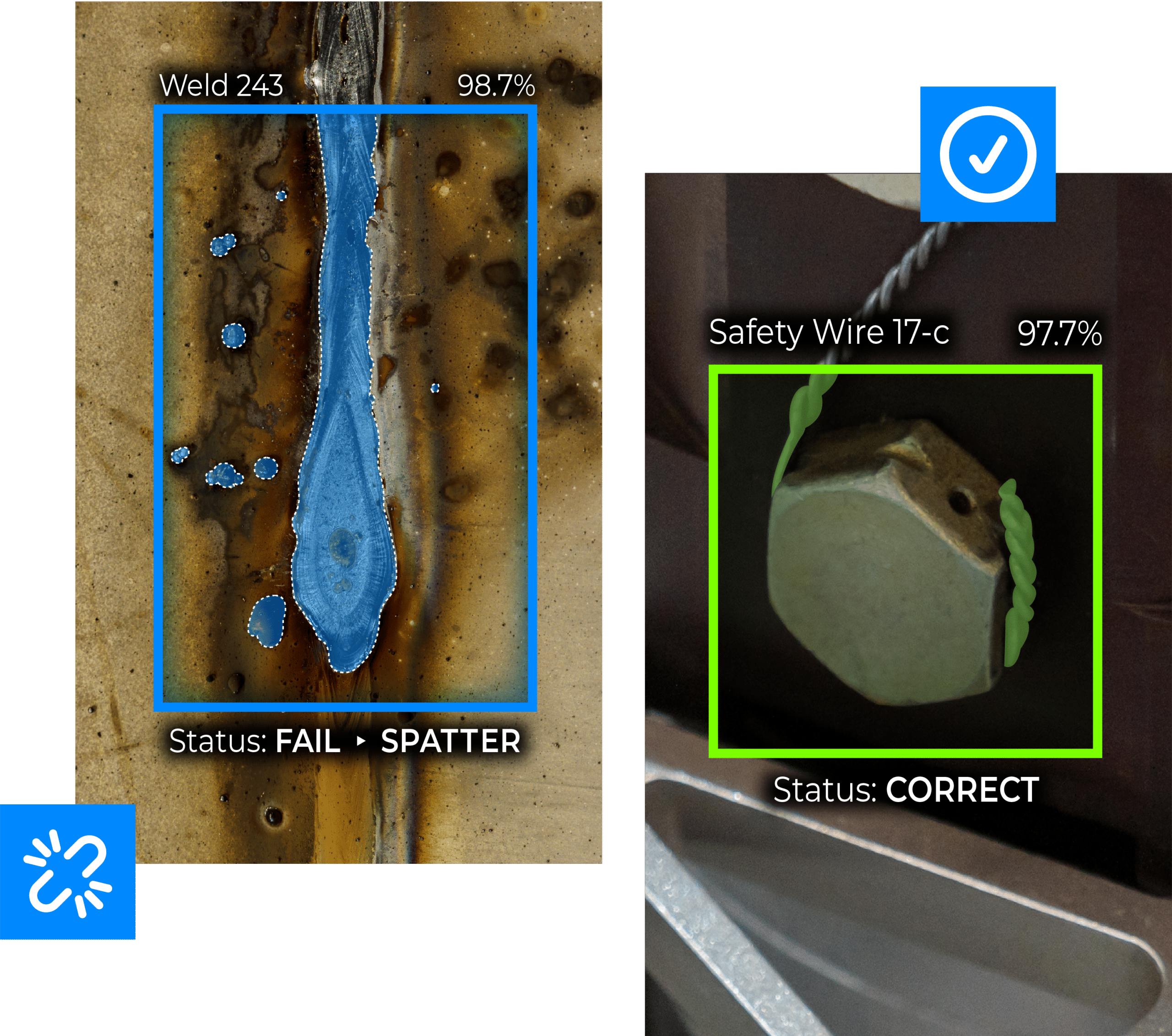 close-up image of a spatter using our computer vision platform, close-up image of a safety wire, image of hands at a control station, close-up image of a molten metal explosion, grey security cameras