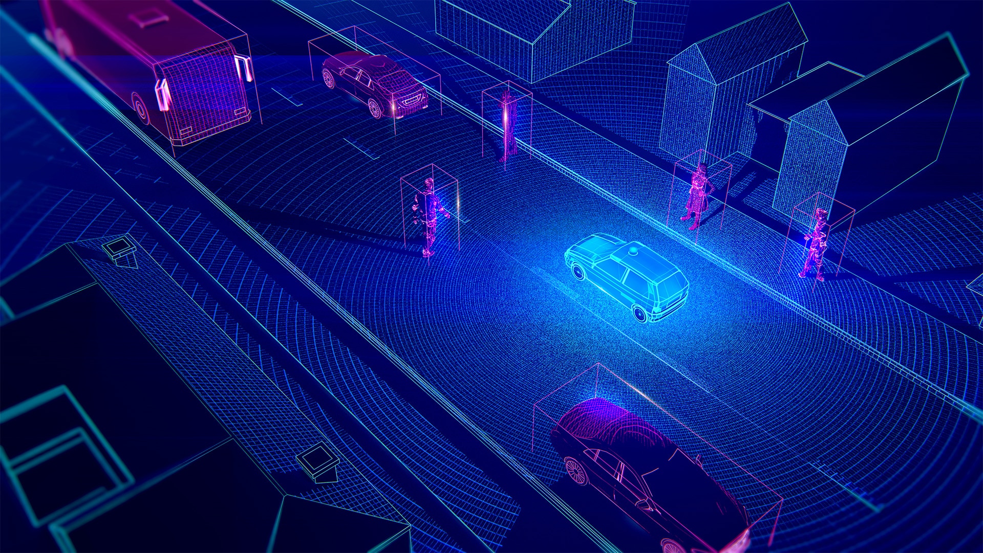 blue driverless transport on street with other cars and objects recorgnized by vehichle Ai computer vision 3d render artificial inelligence driven machine image recognition concept Blue driverless transport on street with other cars and objects recognized by AI computer vision