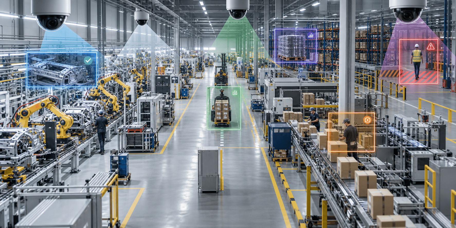 Video analytics monitor quality, safety, logistics, and operations across a manufacturing plant
