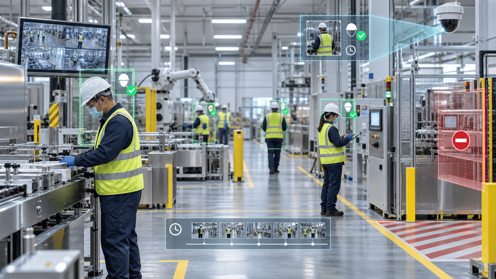 Continuous compliance monitoring detects PPE use and restricted plant-floor zones