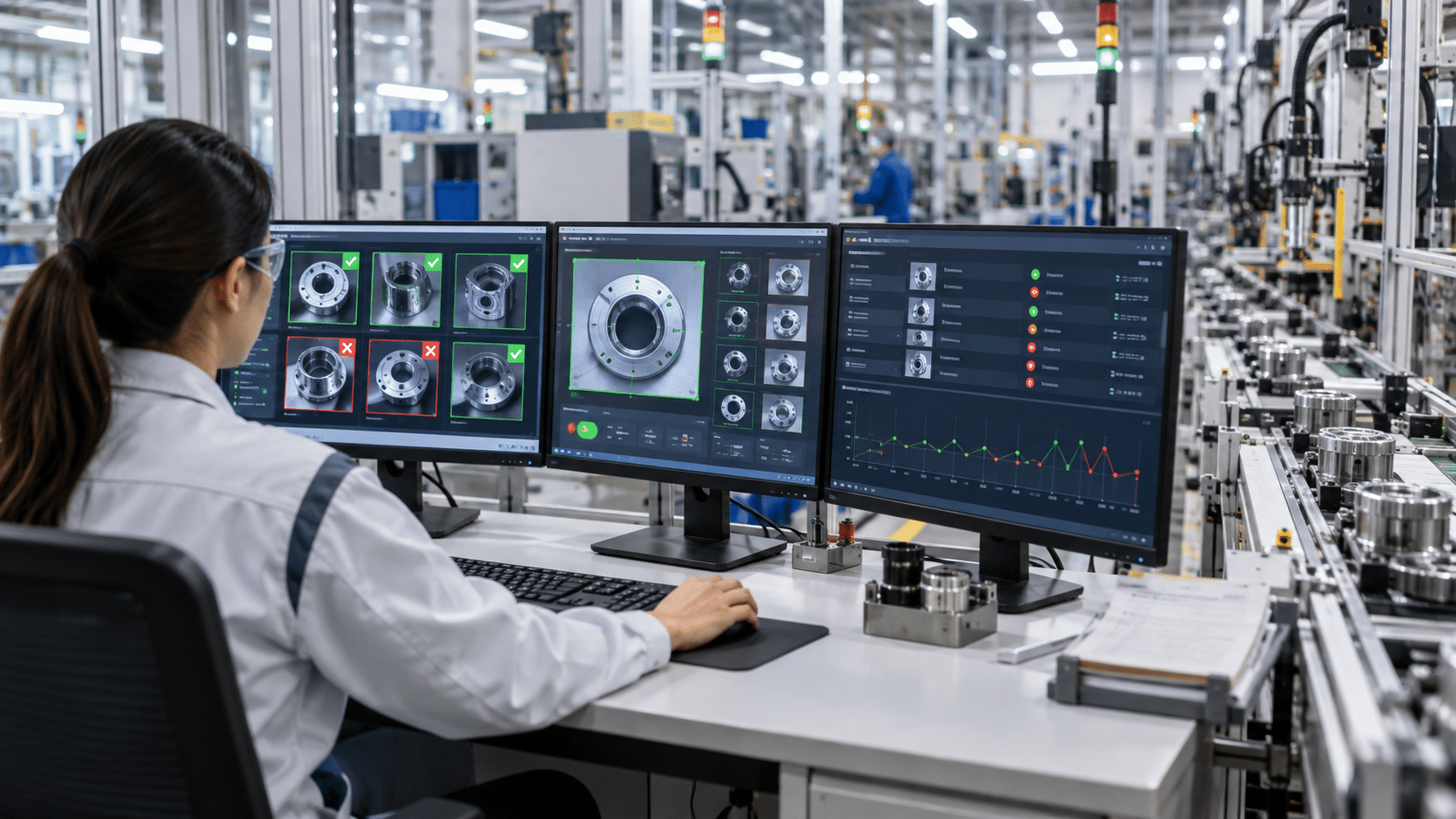 Quality engineer reviews vision data and defect records for a manufacturing audit