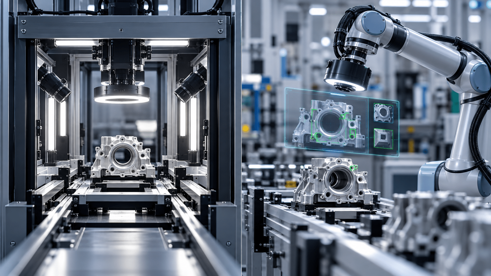 Fixed visual inspection machine beside a flexible AI vision system checking manufactured parts